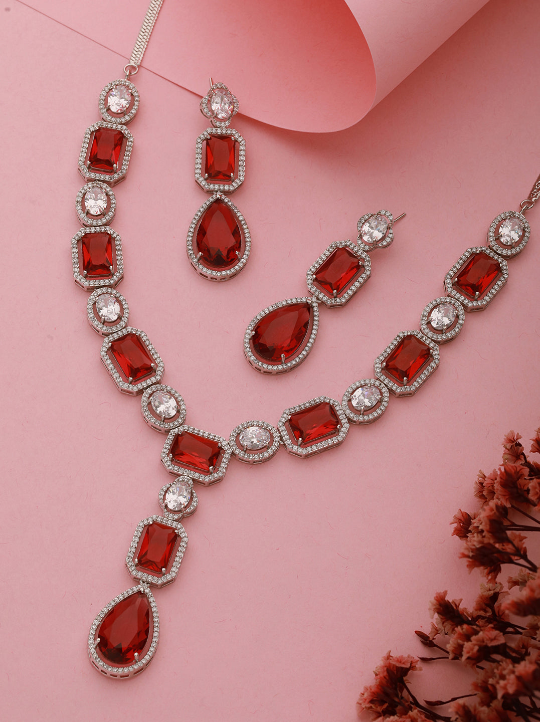 Silver Plated Red Ruby AD Studded Luxe Statement Designer Pendant Jewellery Set